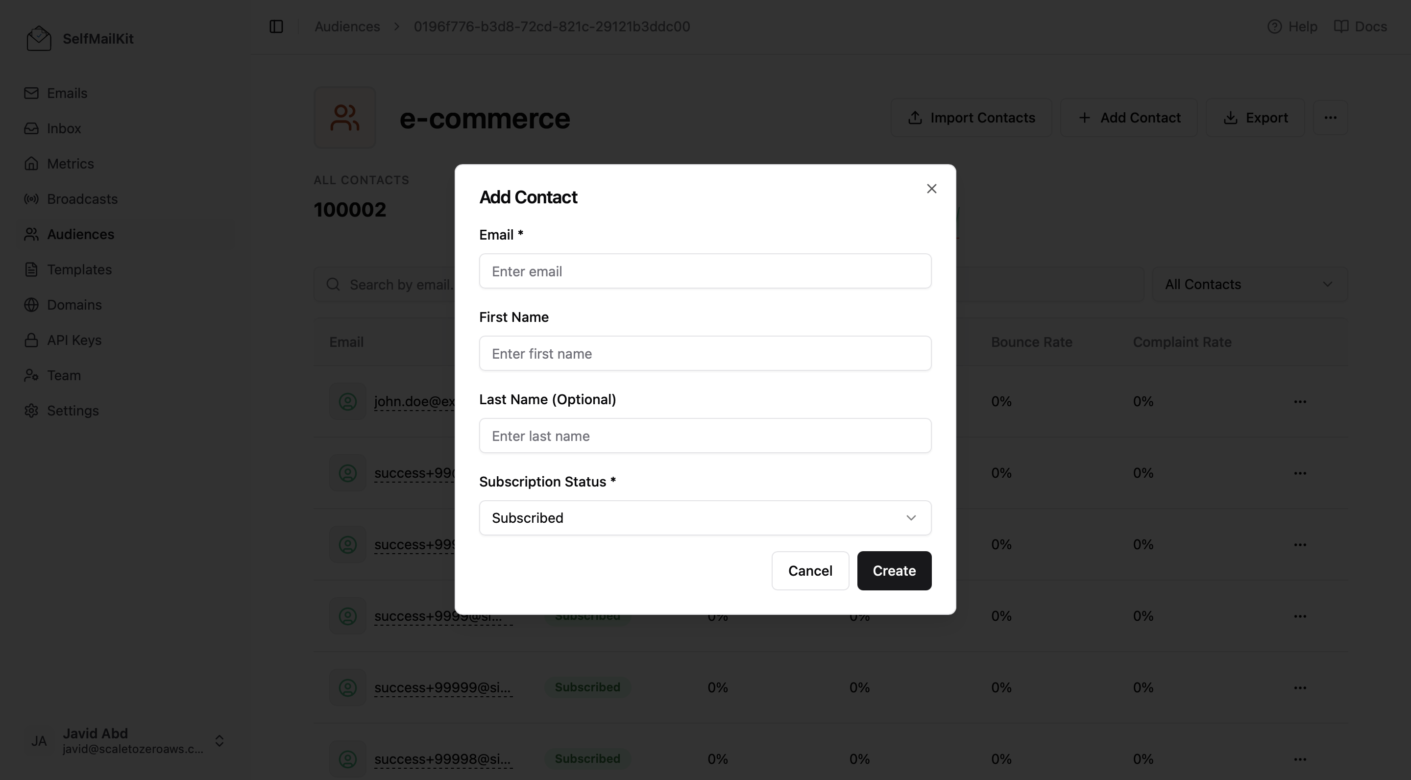 MailDiver Manual Contact Addition Form