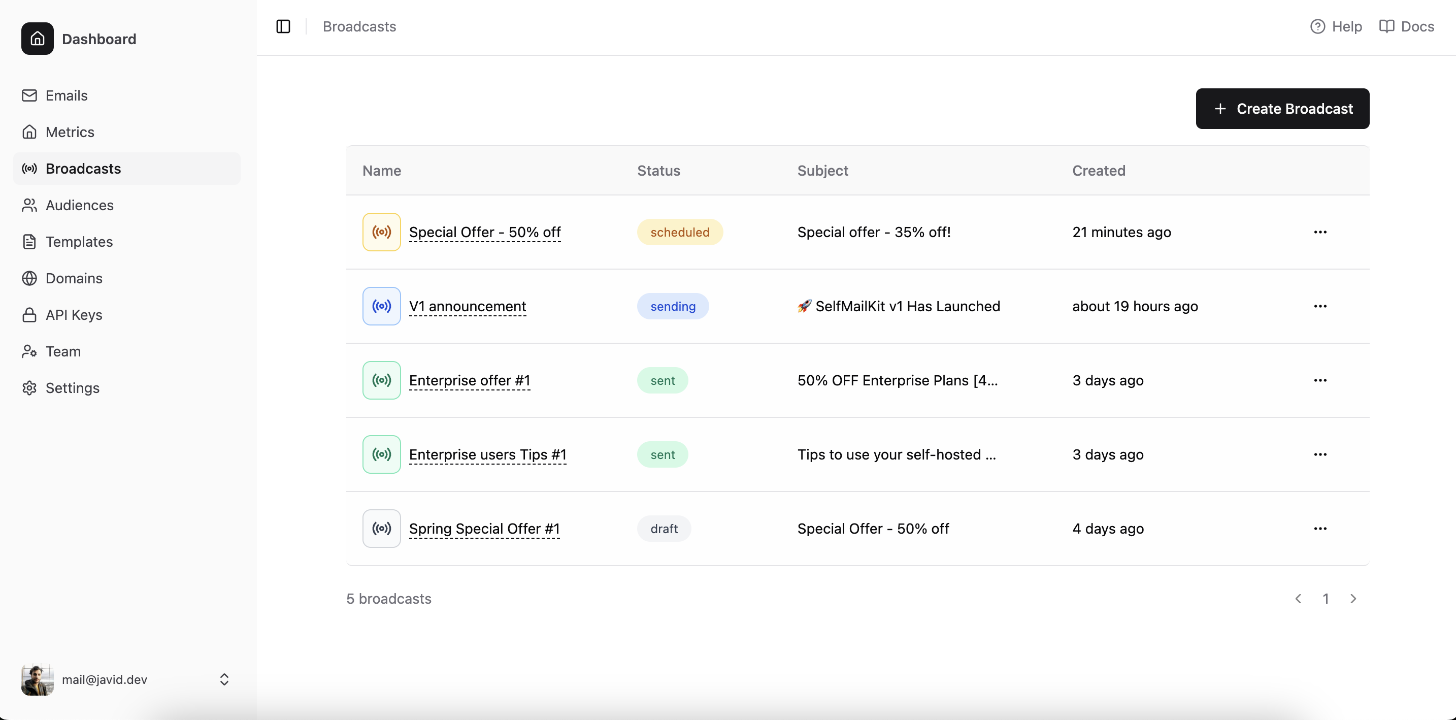 MailDiver Broadcast Email Campaign Management Dashboard