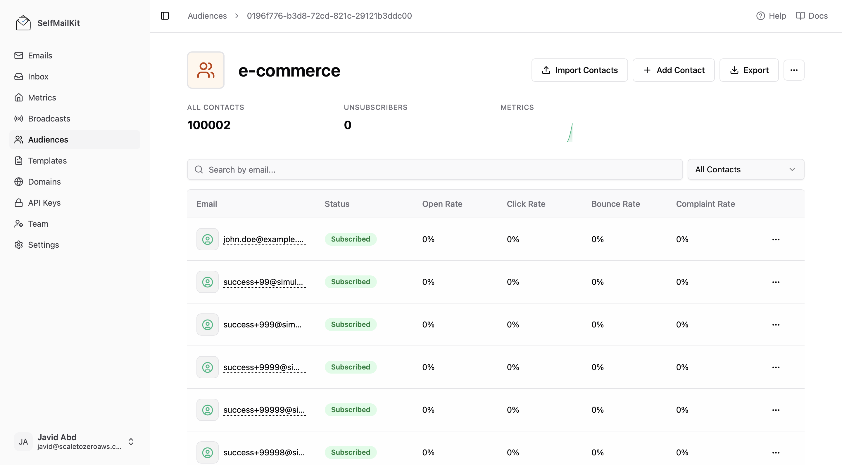 MailDiver Contact Management Dashboard