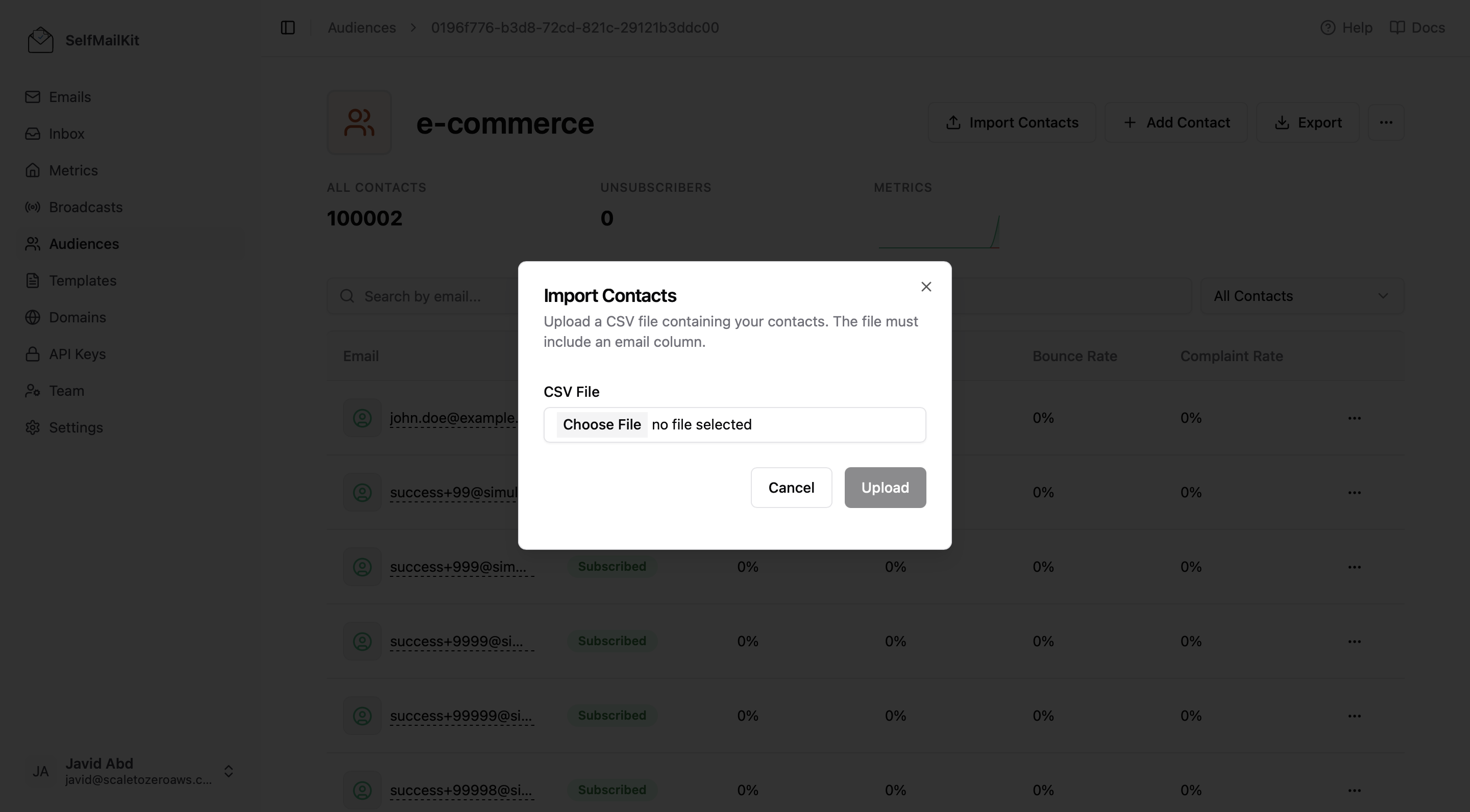 MailDiver CSV Contact Import Interface