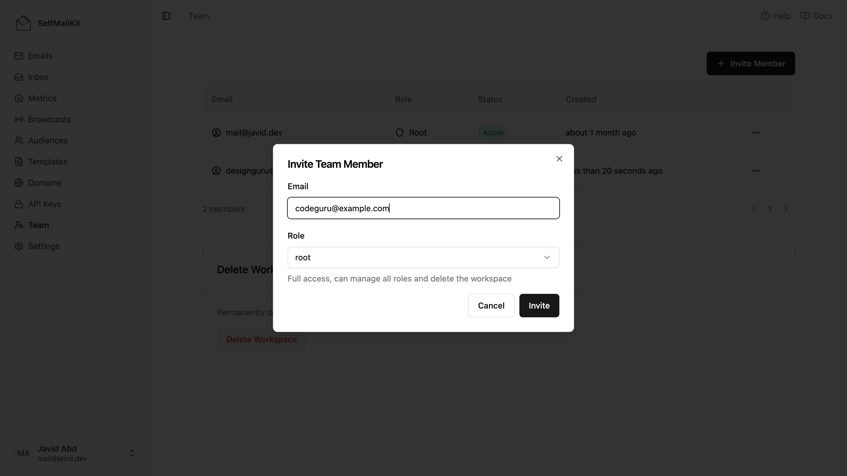 MailDiver Invite Team Member Interface