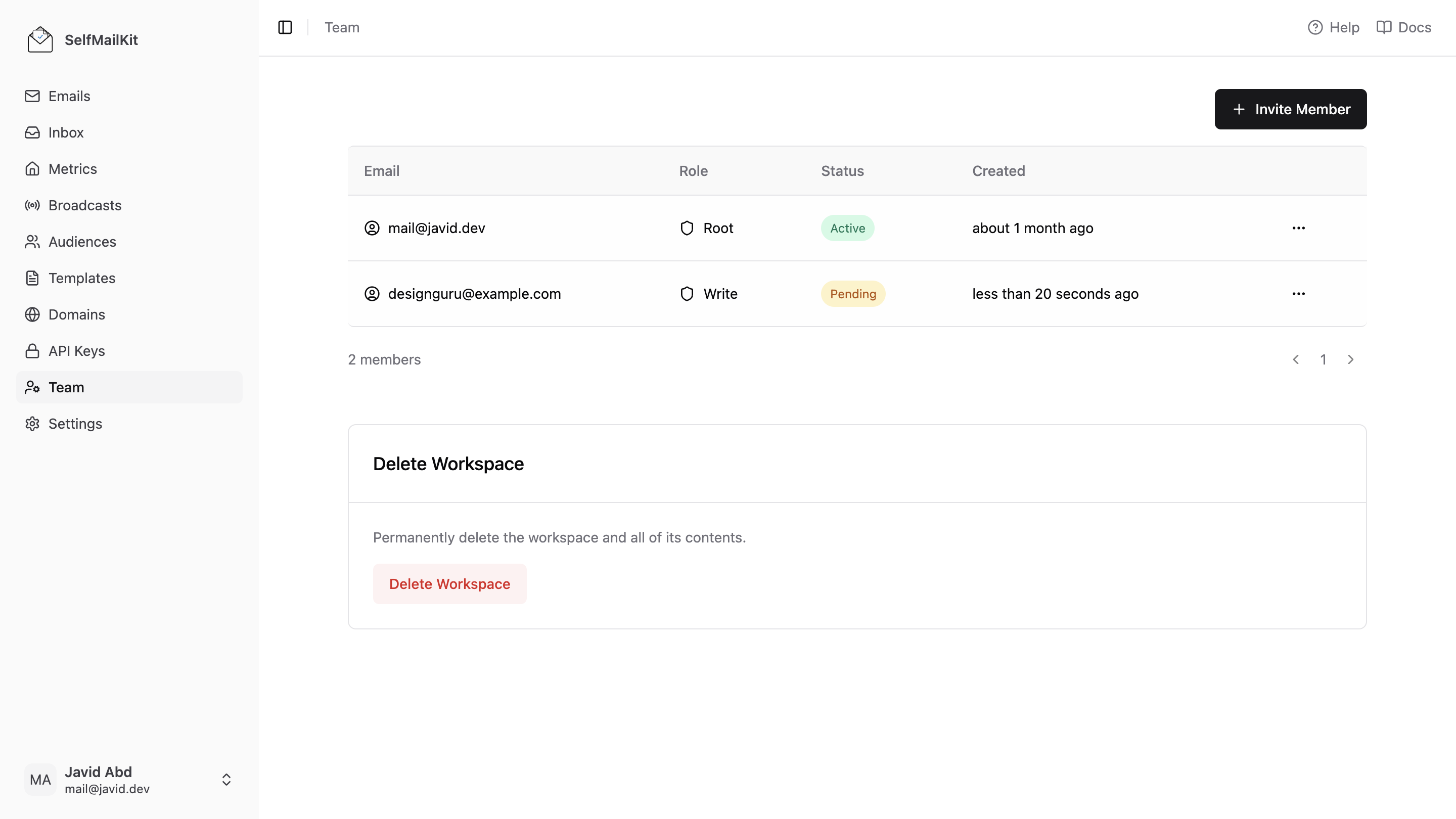 MailDiver Team Management Dashboard